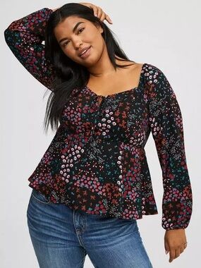 Torrid Black Floral Peplum Challis Sweetheart Top